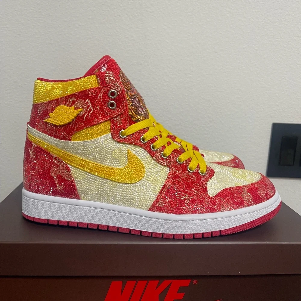 Custom Red, Yellow Rhinestone Crystal Nike Air Jordan Sneakers,Size Euro 41,